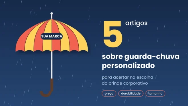 guarda chuva personalizado 5 artigos Ilustração de um guarda-chuva personalizado listrado em coral e amarelo com a faixa "Sua marca", sob chuva, ao lado do texto "5 artigos sobre guarda-chuva personalizado"
