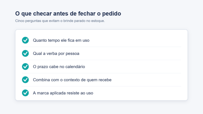 checklist brinde corporativo Checklist com cinco pontos a avaliar antes de fechar o pedido de brinde corporativo