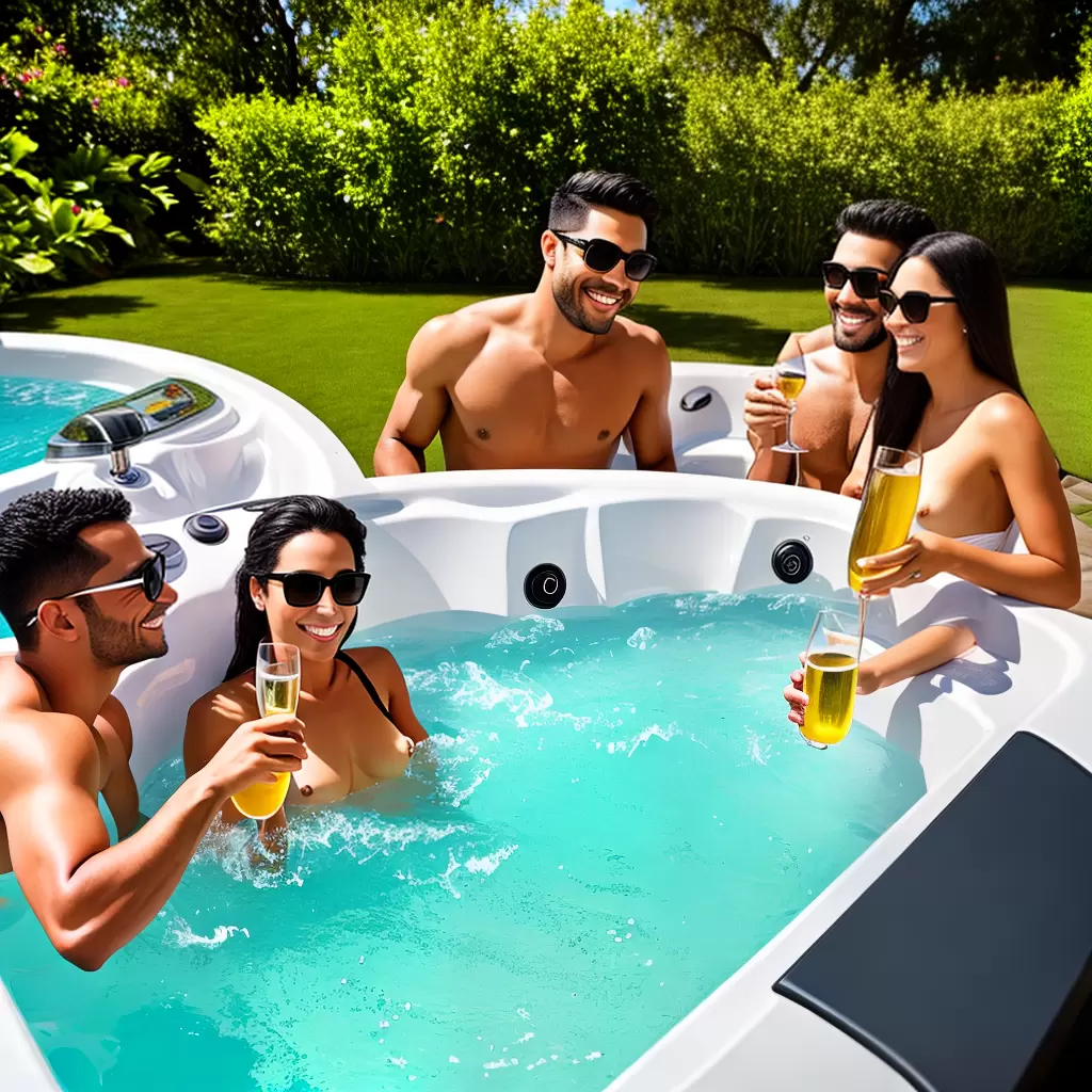 Fotos casal jacuzzi sorriso champagne