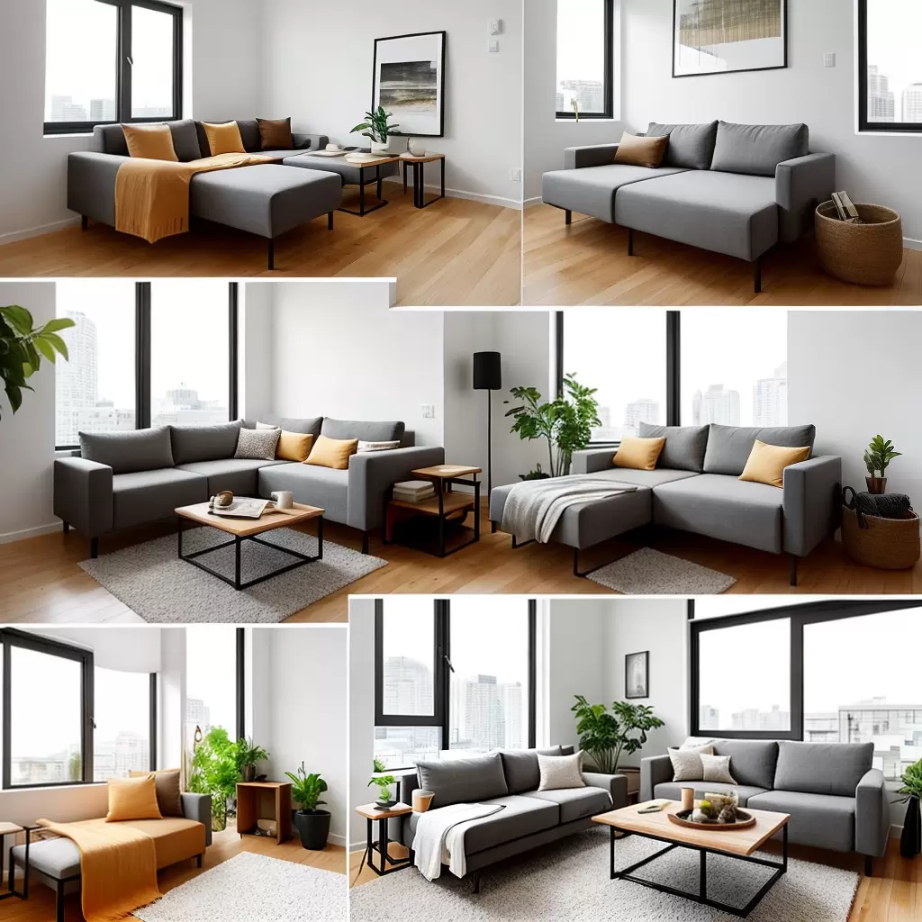 Fotos estudio minimalista sofa cama mesa dobravel armazenamento