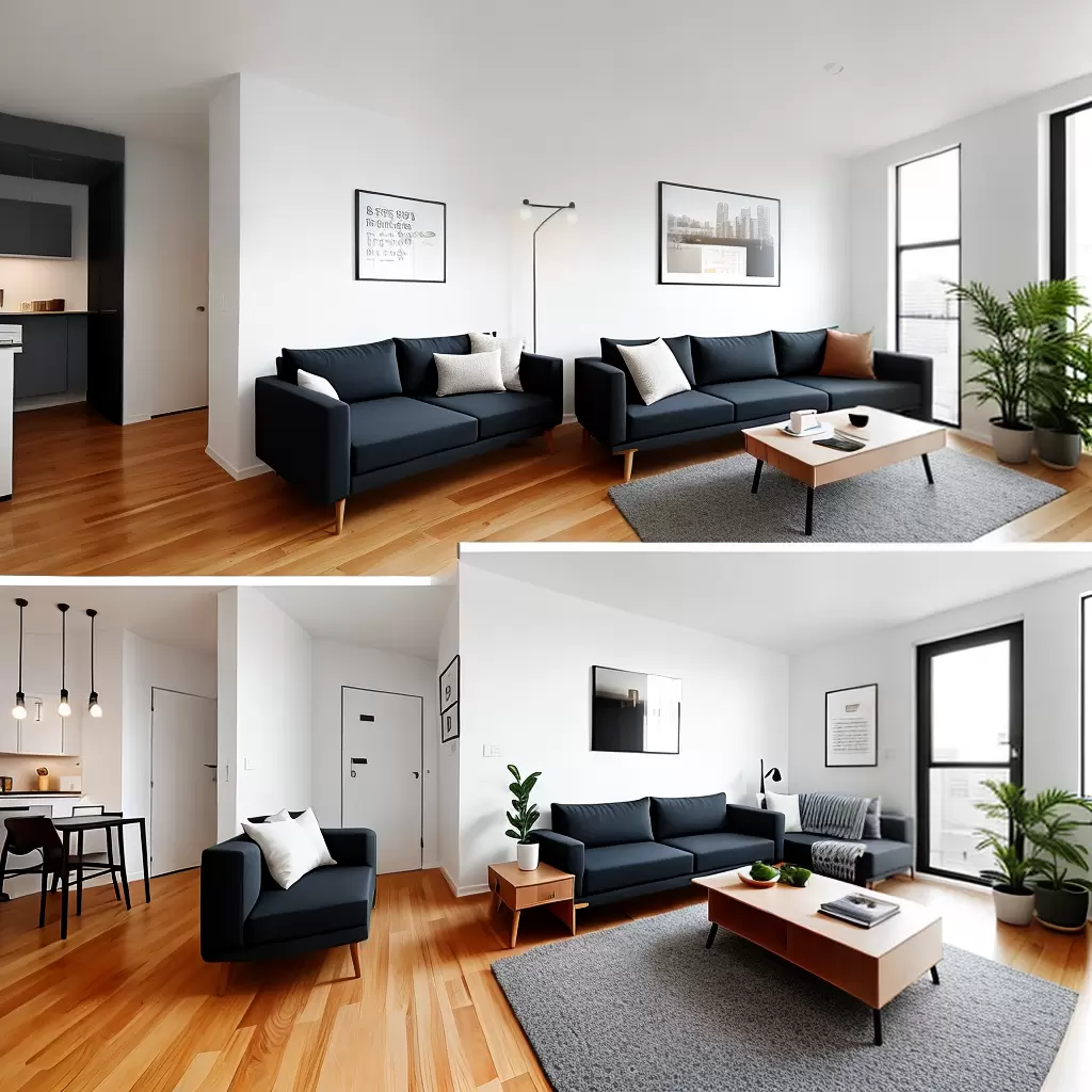Fotos estudio minimalista sofa cama mesa armazenamento