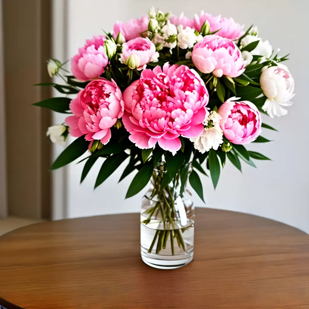 Fotos buque peonias rosa branco vidro madeira