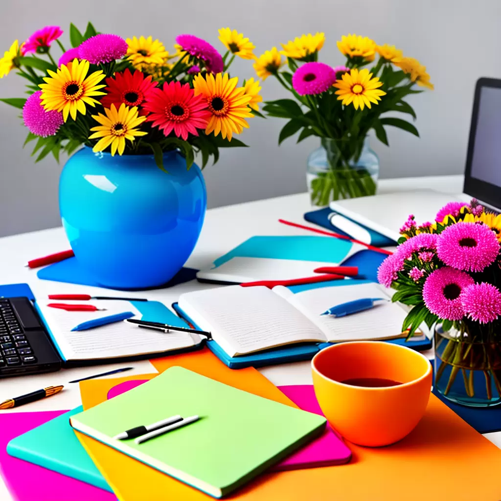 Fotos vaso colorido flores computador caderno