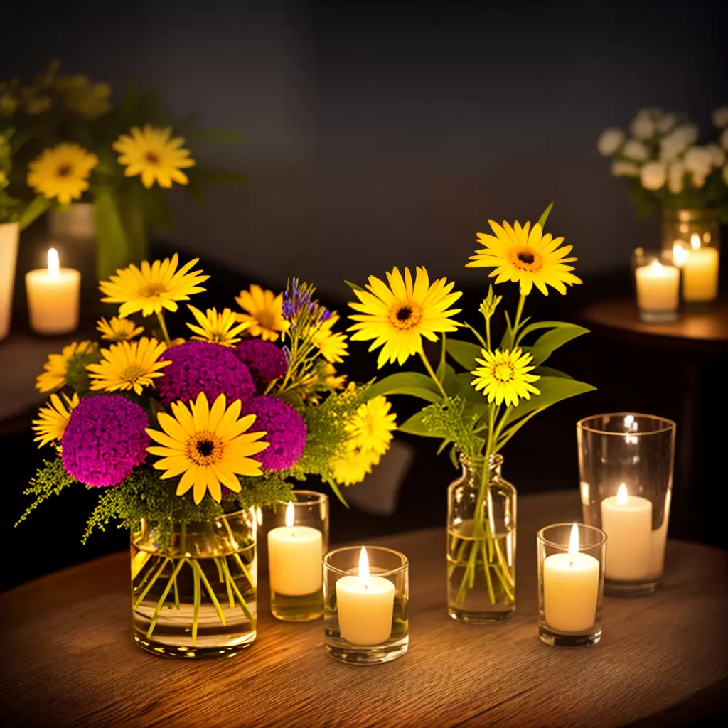 Fotos flores luminosas mesa velas