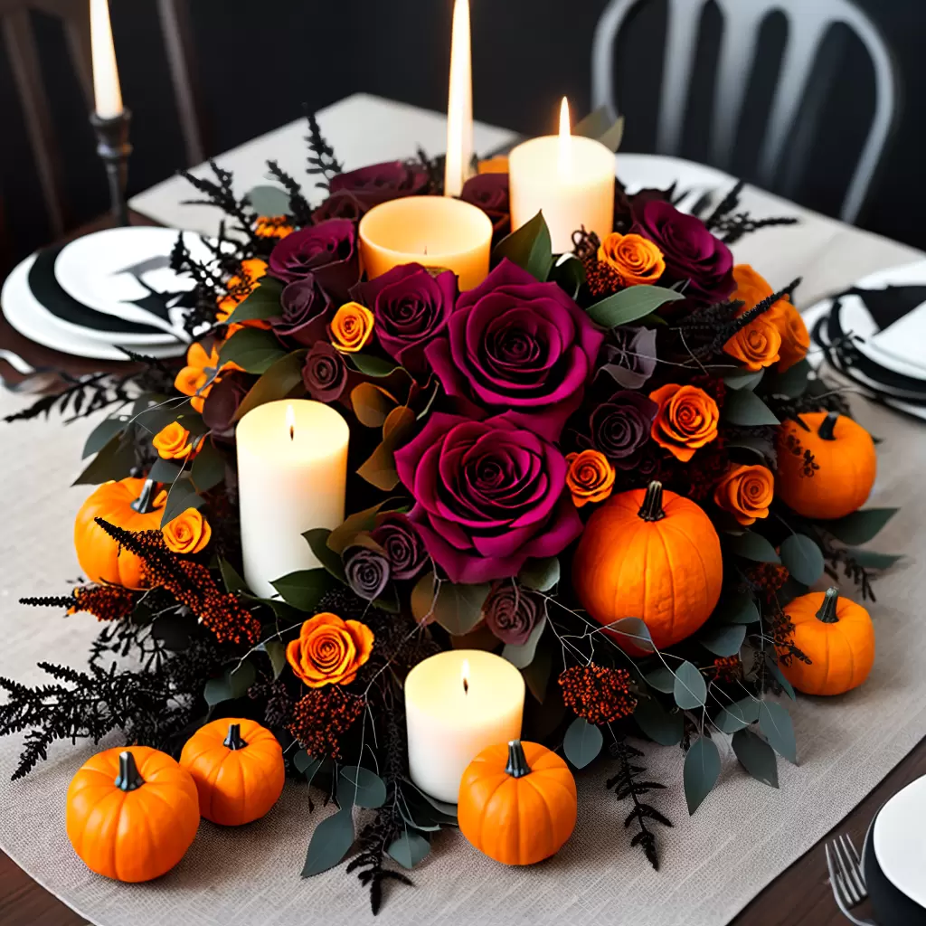 Fotos arranjo halloween rosas negras pumpkins