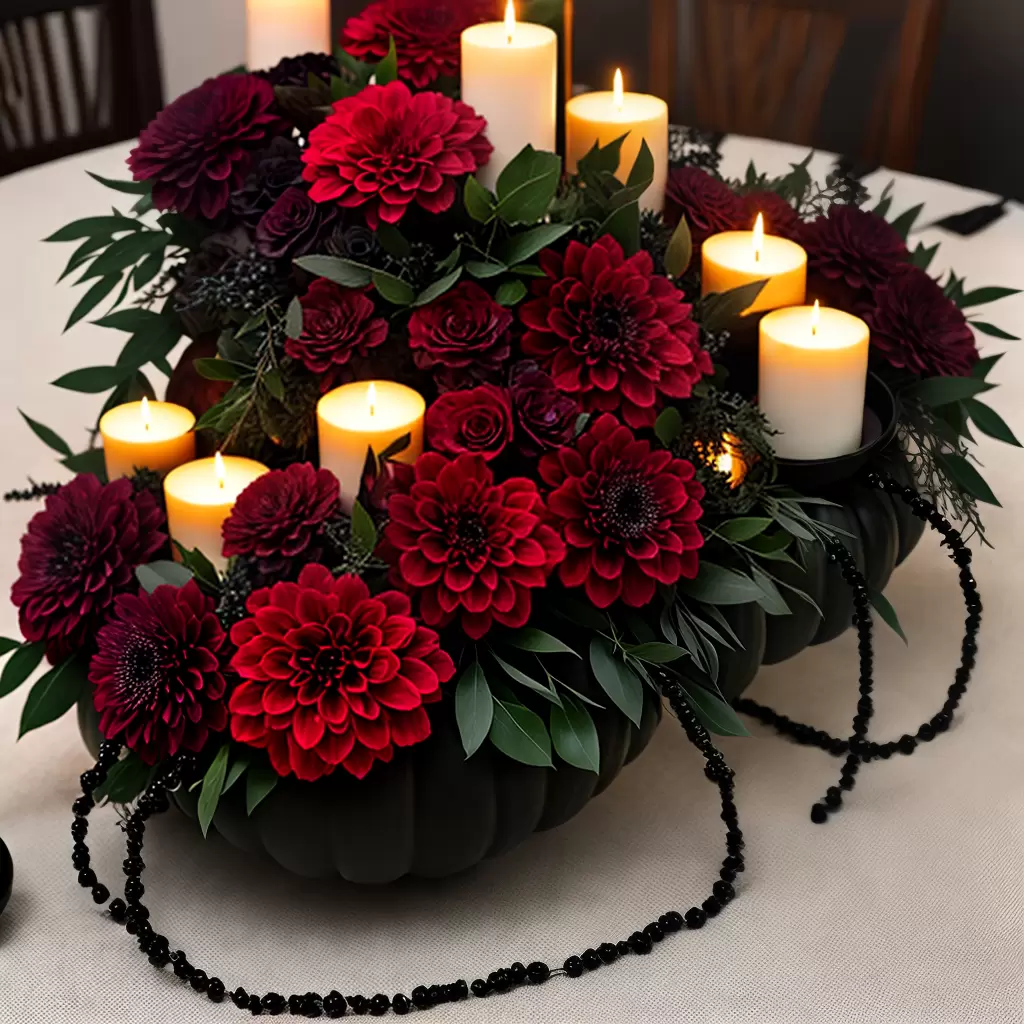 Fotos arranjo halloween rosas velas aranhas
