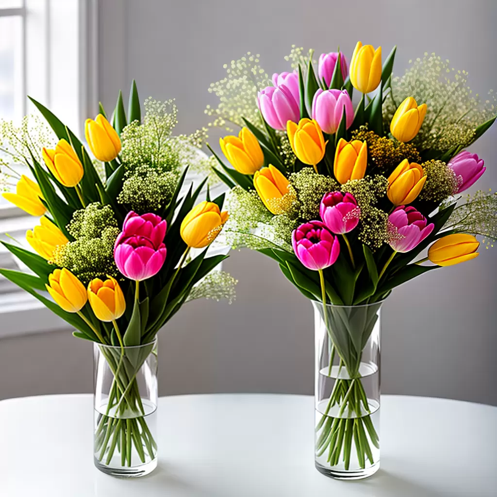 Fotos vaso tulipas rosa amarelo vidro