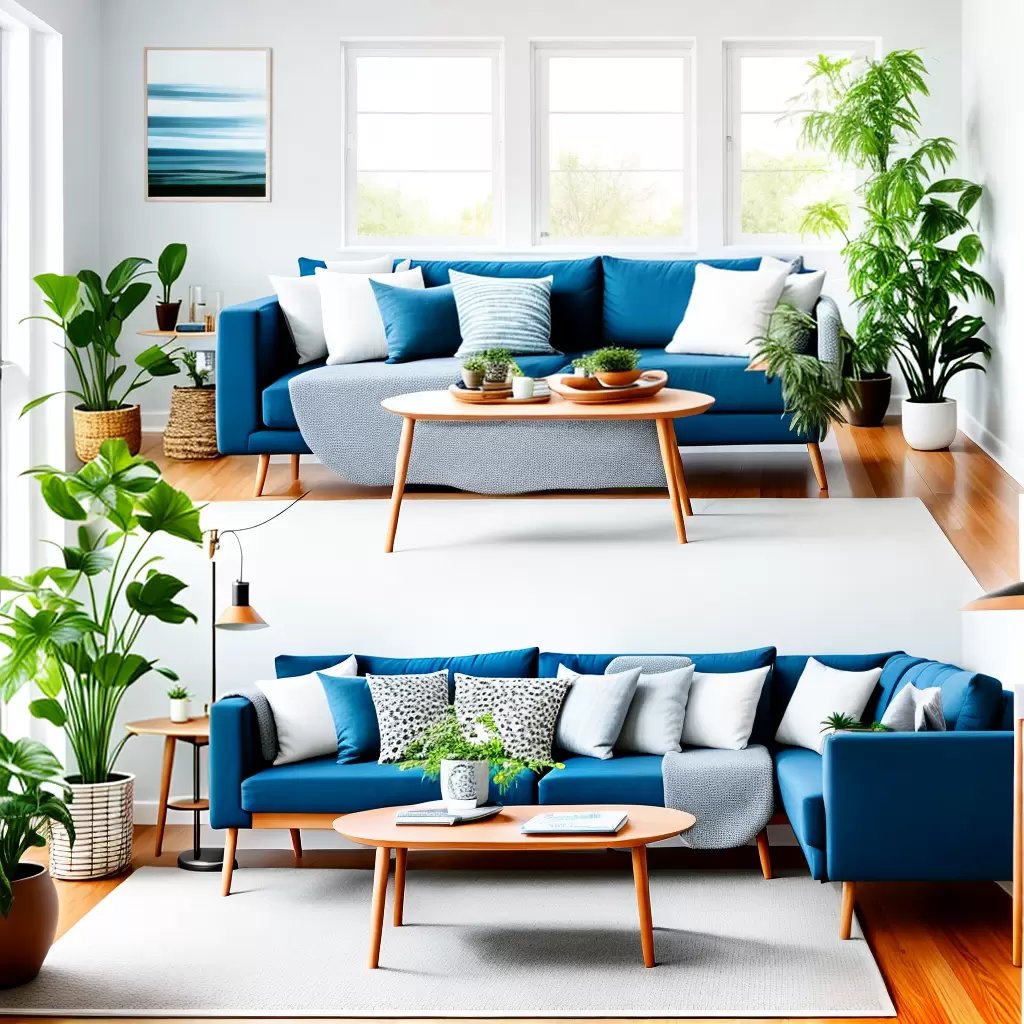 Fotos sala azul sofa madeira decoracao