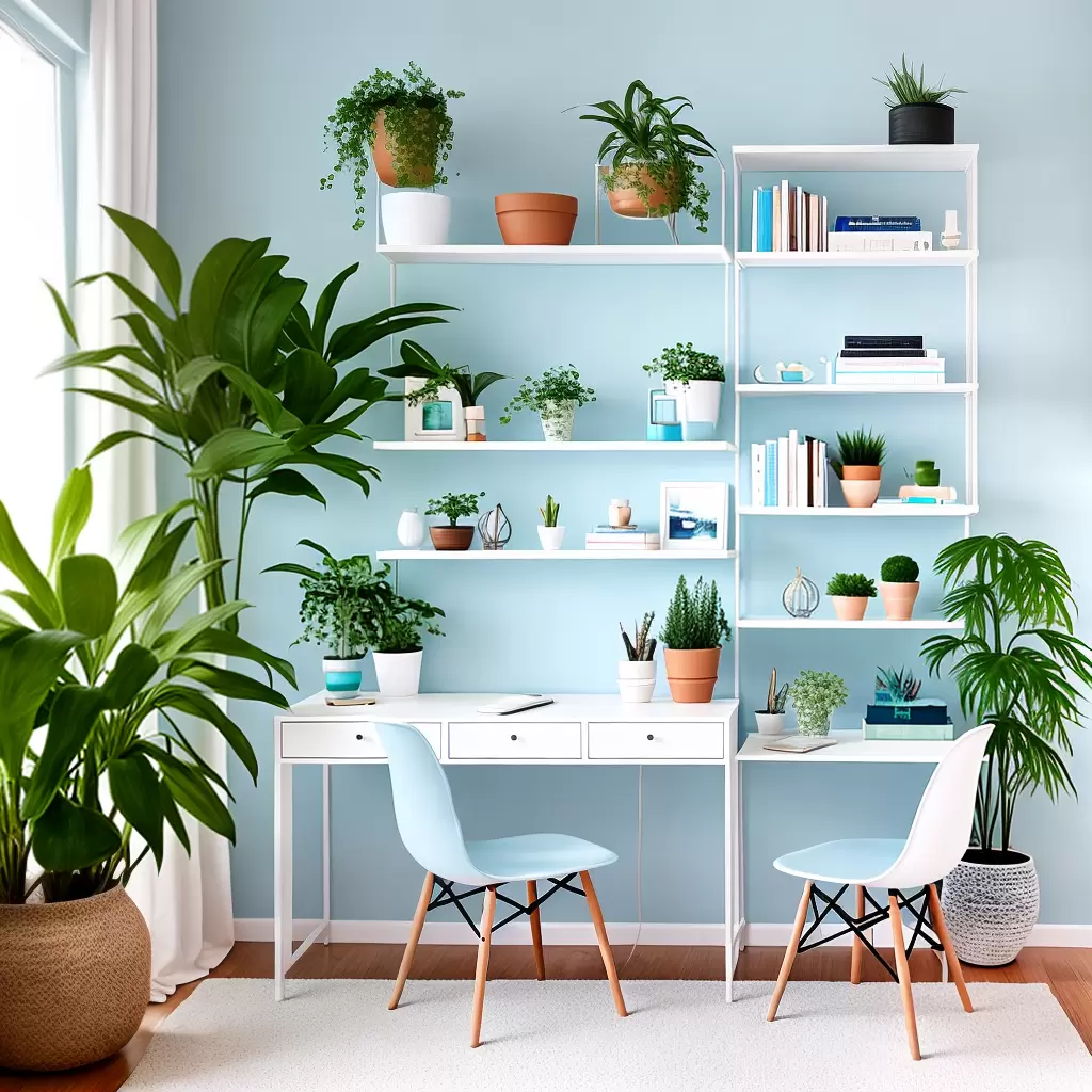 Fotos escritorio sereno azul branco planta