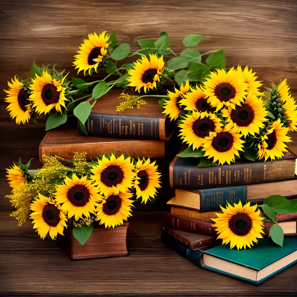 Fotos buque girasol mesa madeira livros