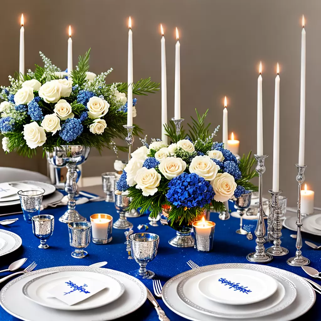 Fotos mesa hanukkah azul prata flores velas