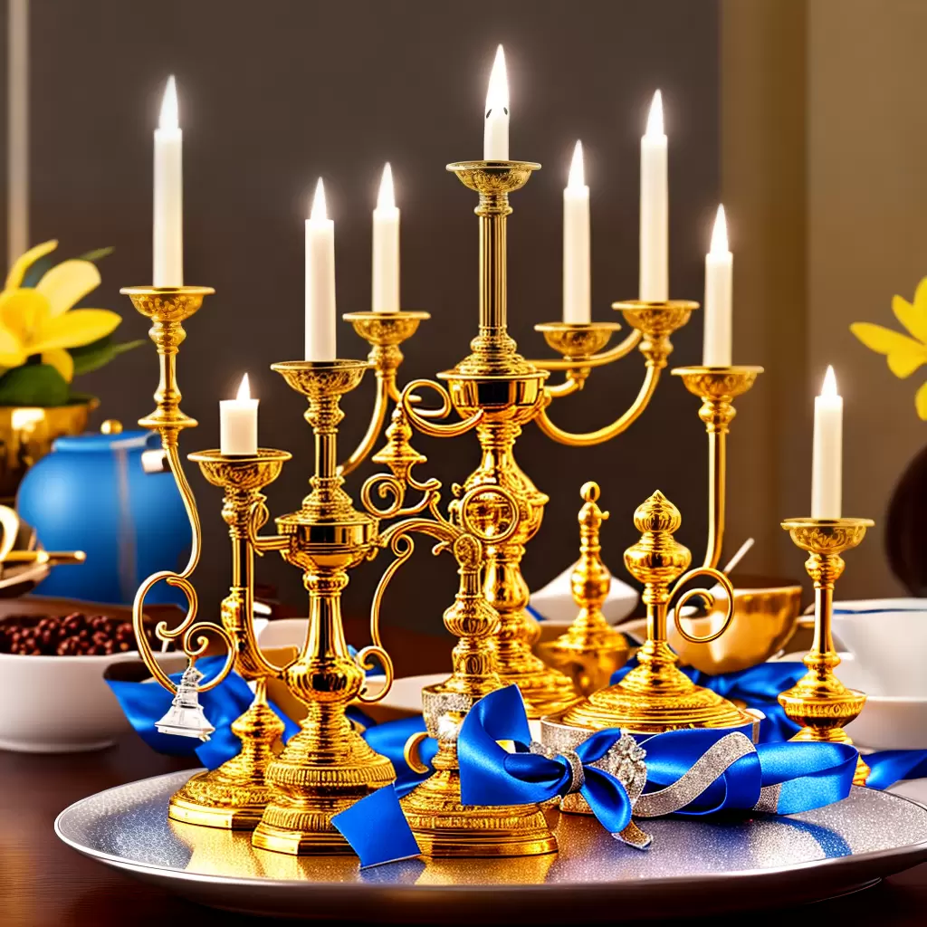 Fotos mesa hanukkah menorah azul prata dreidel gelt