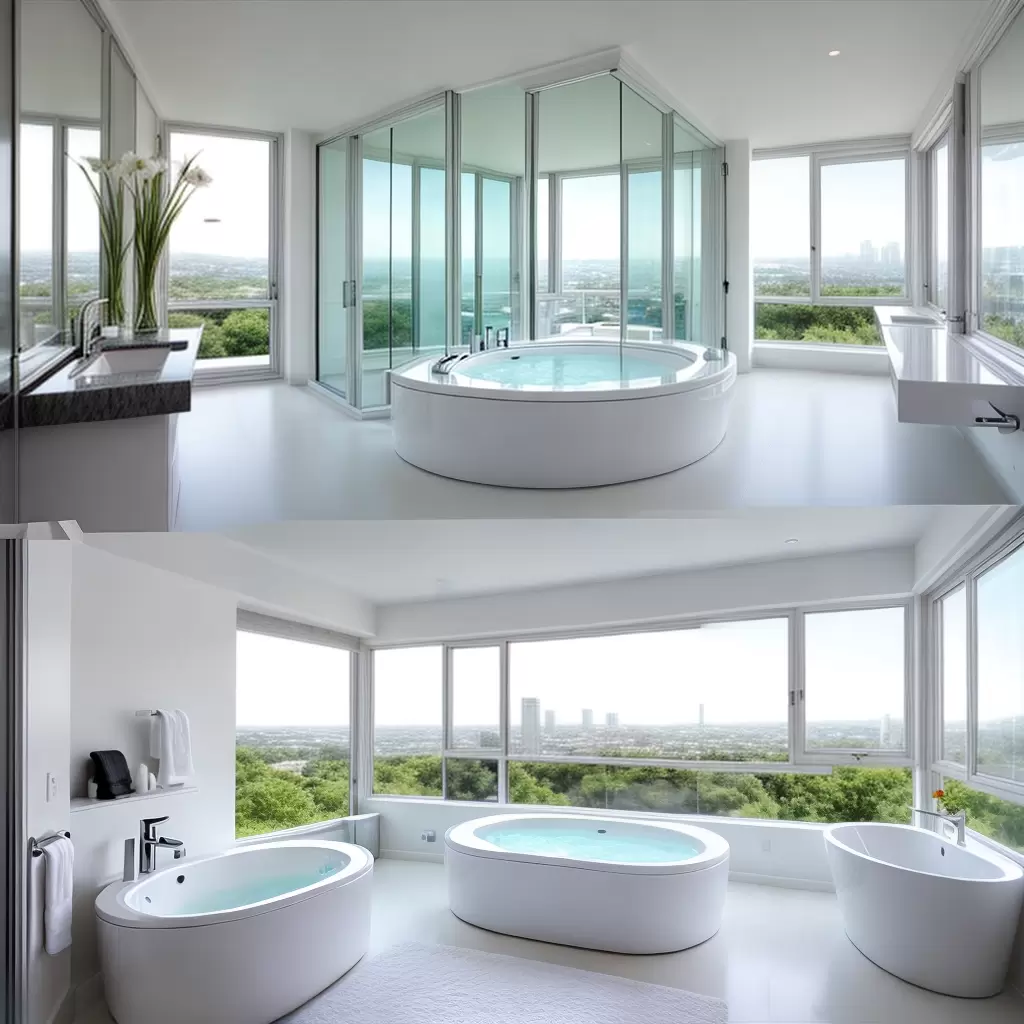 Fotos banheiro luxo jacuzzi telha branca janela vista flor toalha