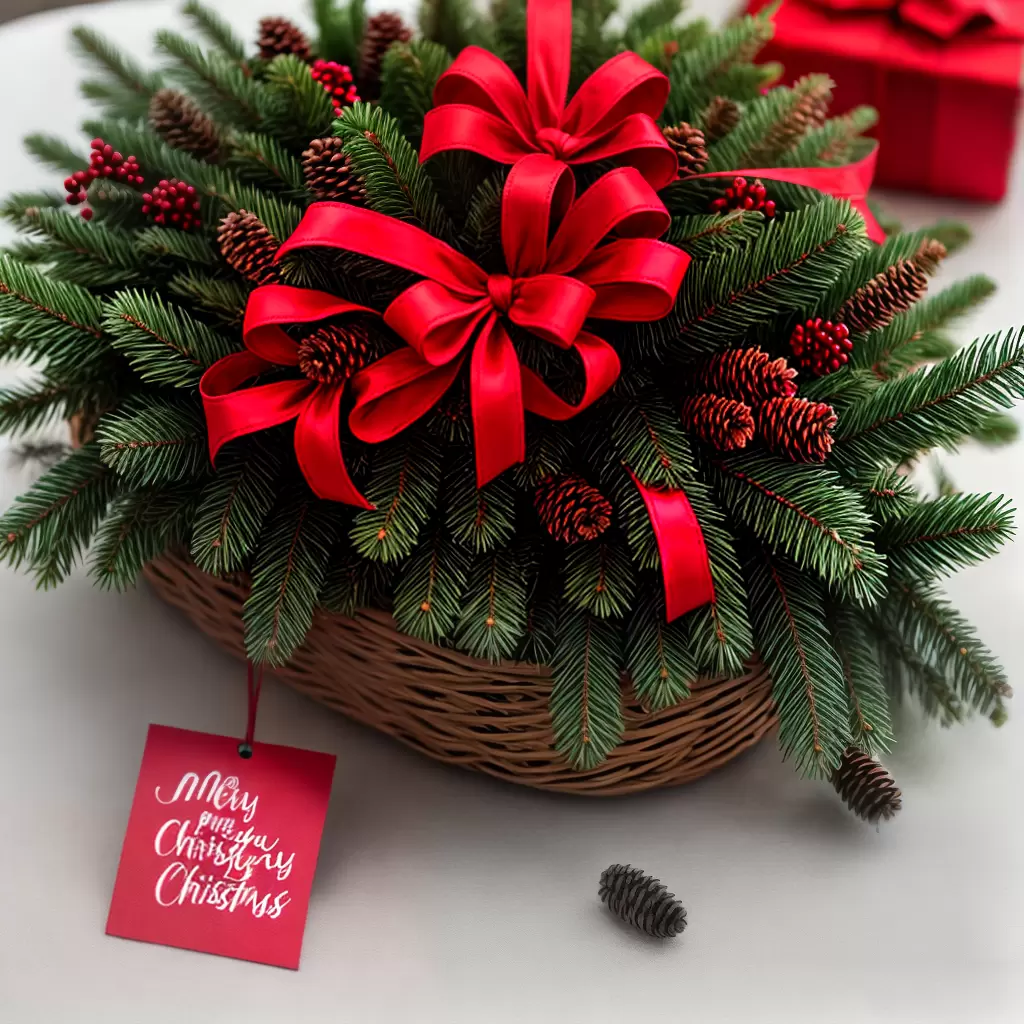 Fotos cesta natal pinheiro folhas fitas