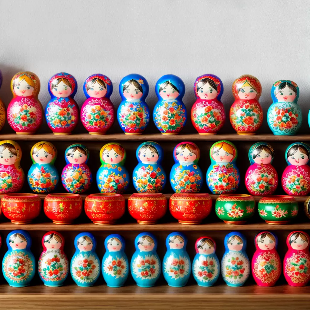 Fotos boneca matrioska colorida prateleira madeira