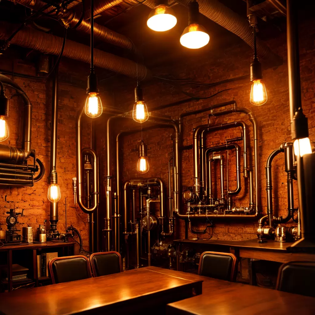 Fotos sala steampunk cobre engrenagens lampadas Fotos sala steampunk cobre engrenagens lampadas
