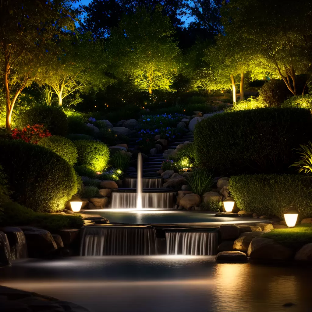 Fotos jardim noturno iluminado fonte caminho