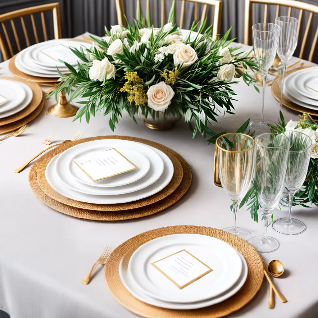 Fotos mesa elegante branco ouro folhagem