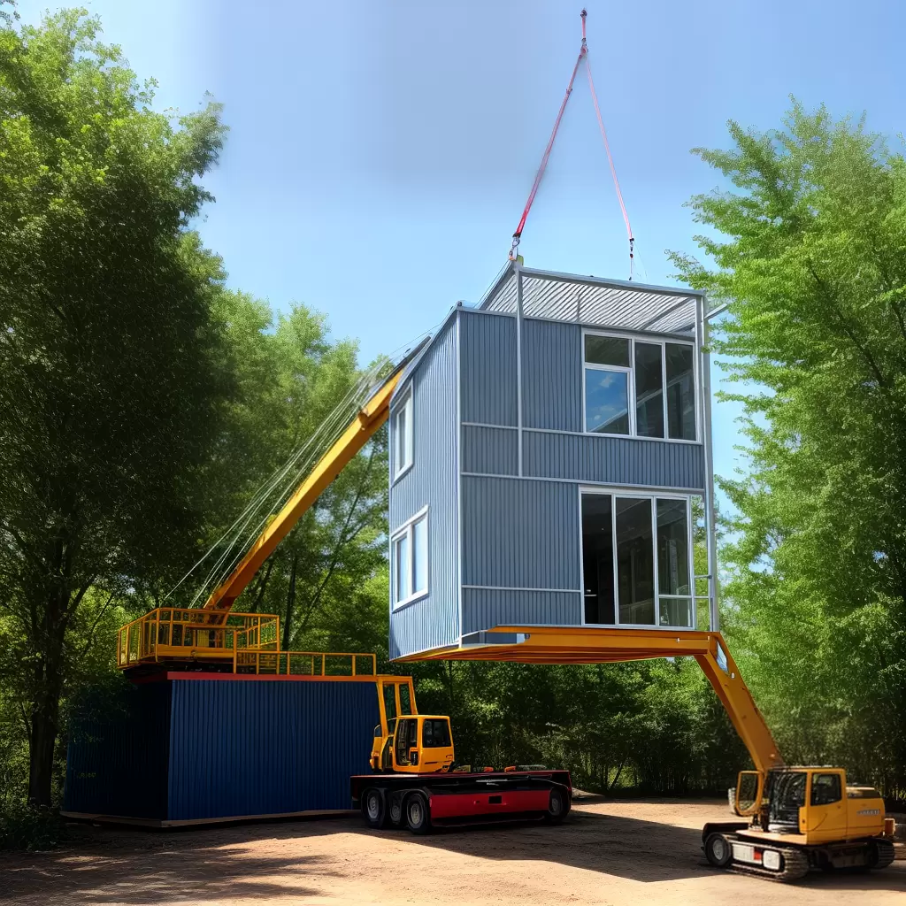 Fotos construcao casa prefabricada grua trabalhadores