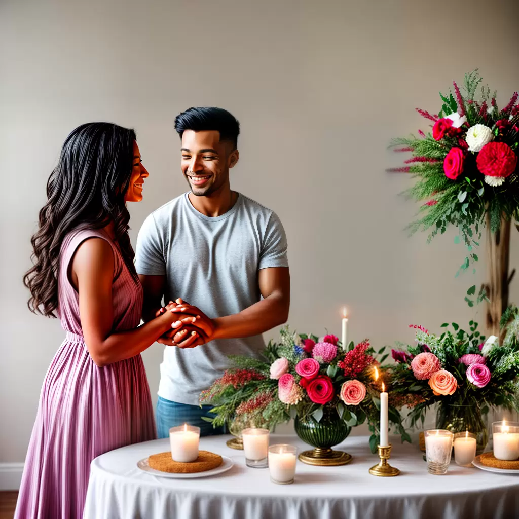 Fotos casal sorrindo mesa decorada bolo amor