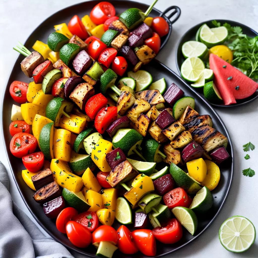 Fotos espetinhos grelhados legumes salada melancia