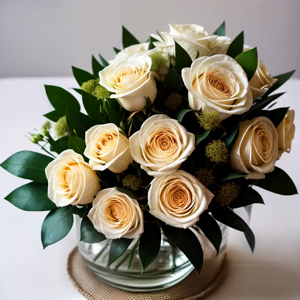 Fotos bouquet rosas brancas eucalipto vase