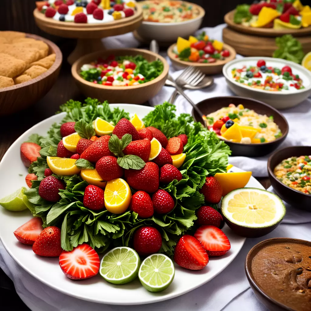 Fotos buffet colorido frutas doces flores