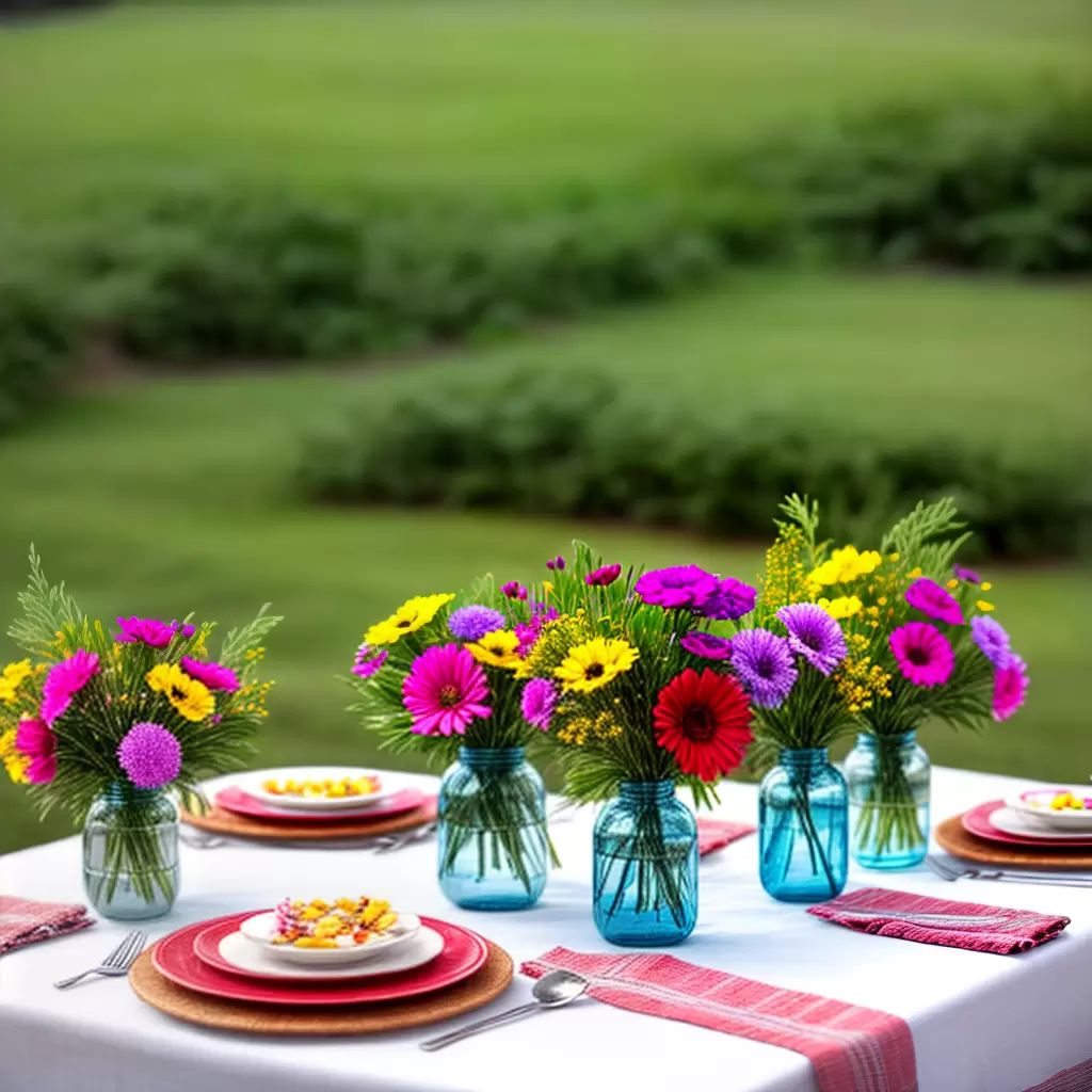 Fotos mesa decorada reciclavel flores comida