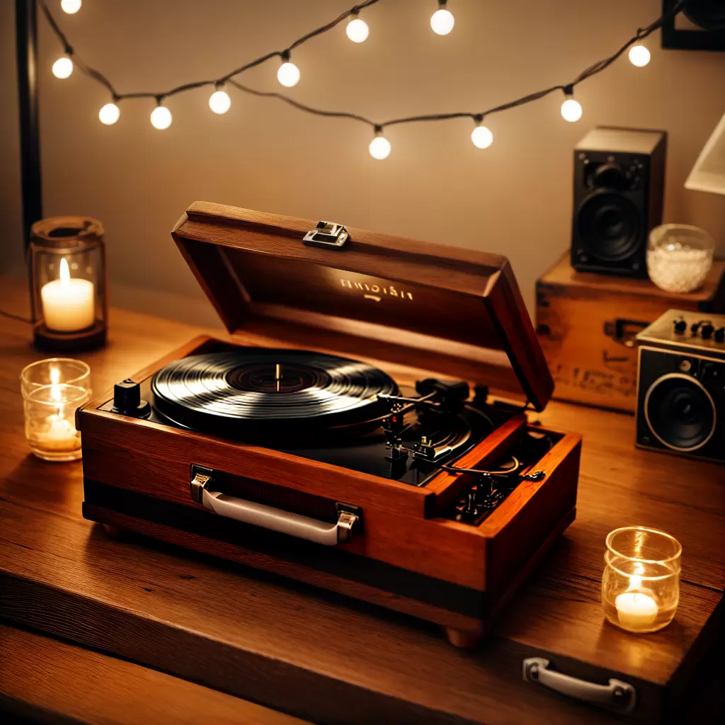 Fotos toca discos vintage mesa madeira decoracao