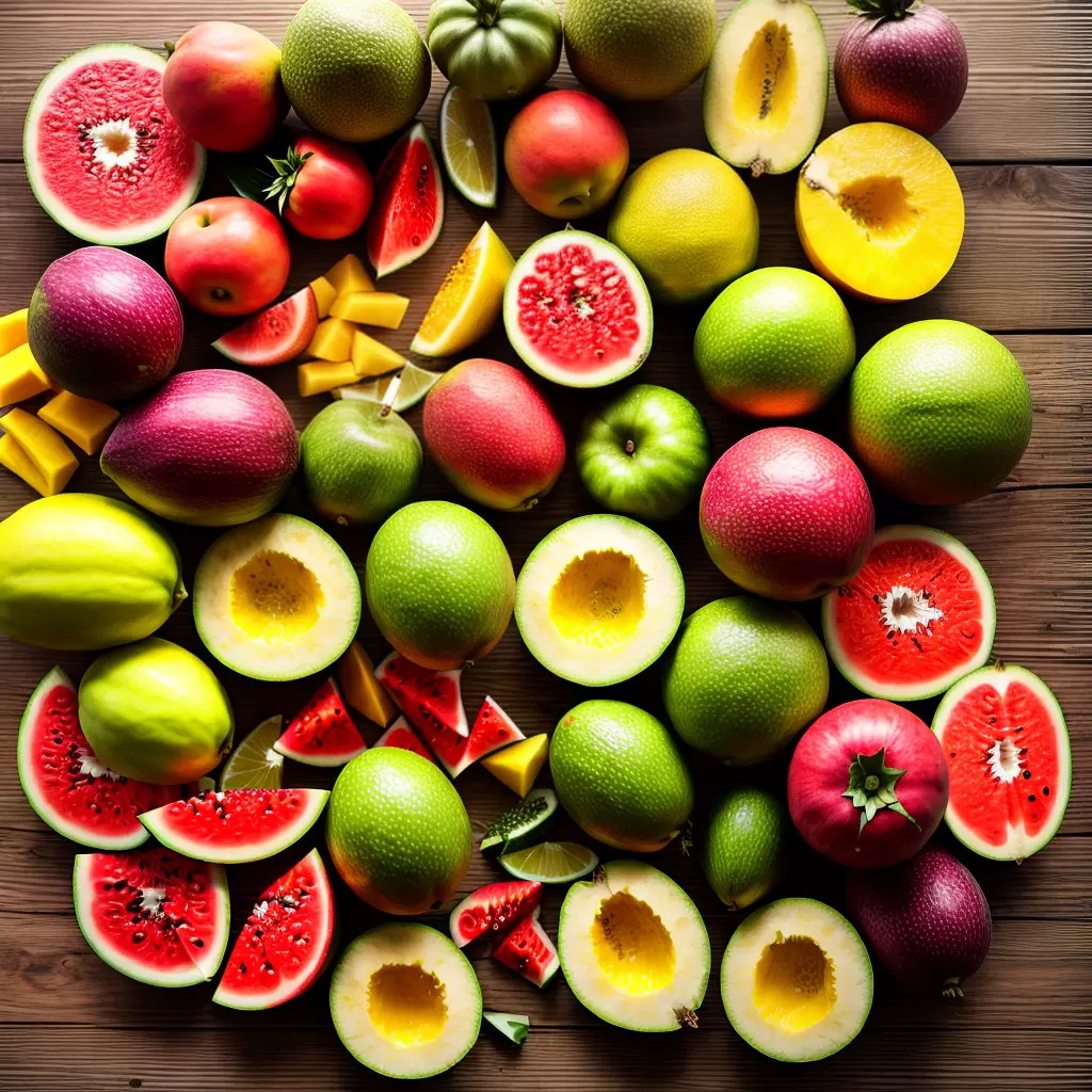 Fotos frutas tropicais mesa colorida