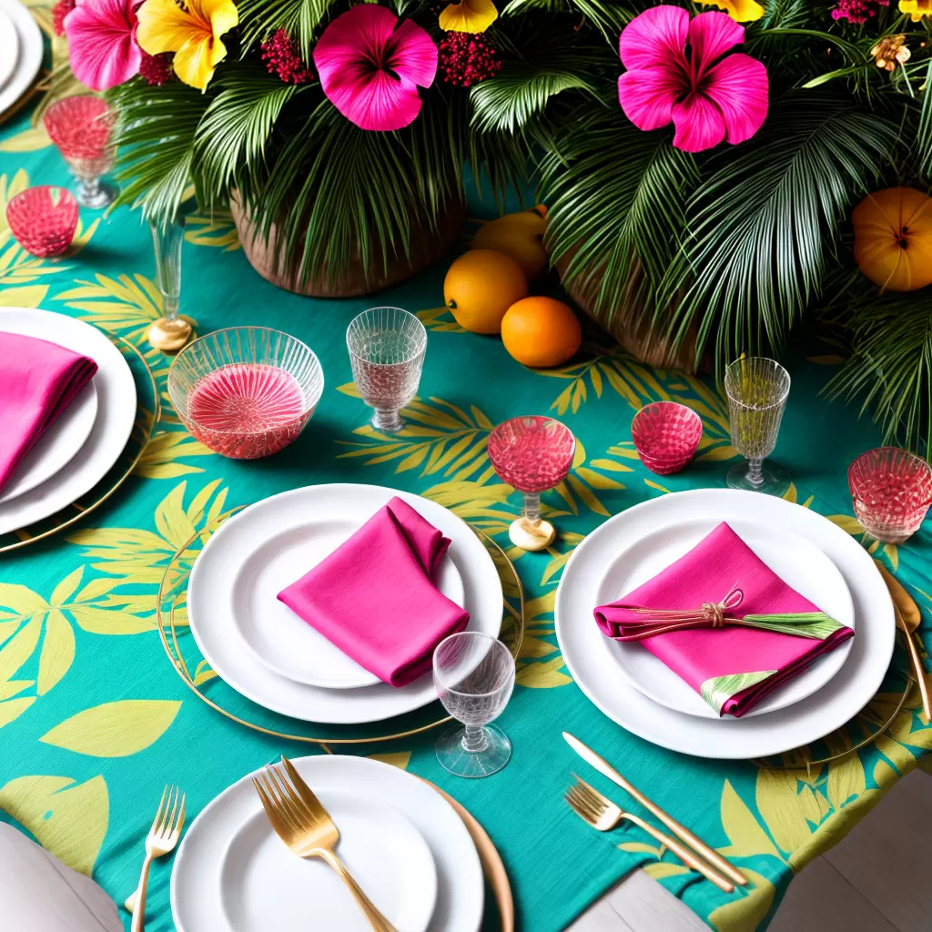 Fotos mesa tropical folhas frutas cores