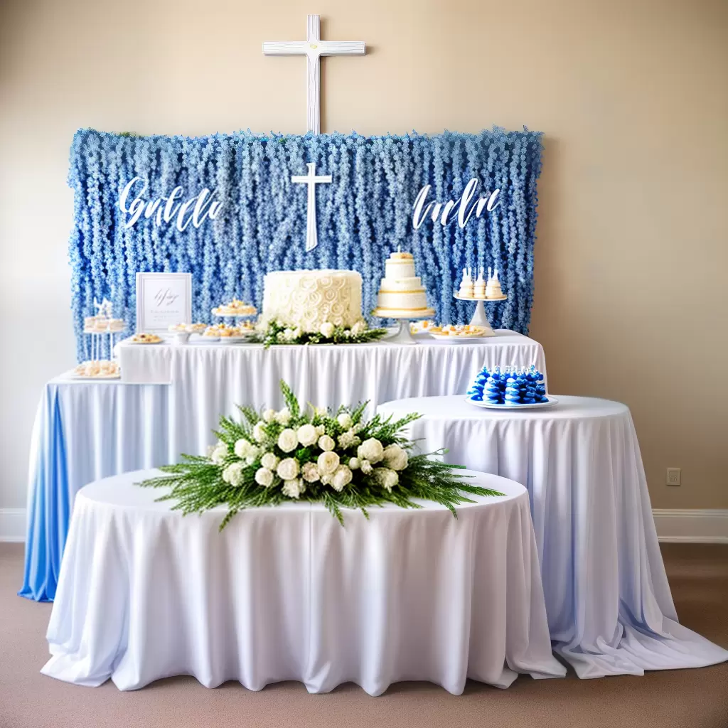 Fotos batismo branco azul flores backdrop luzes