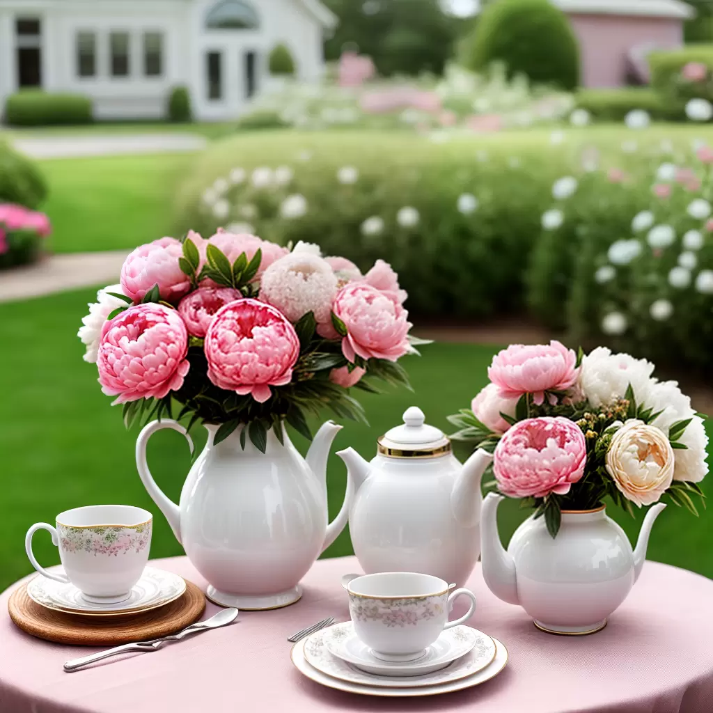 Fotos buque peonias teapot vintage cha casa