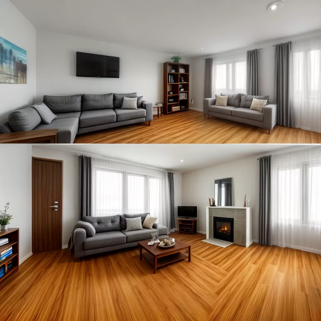Sala moderna com piso laminado amadeirado