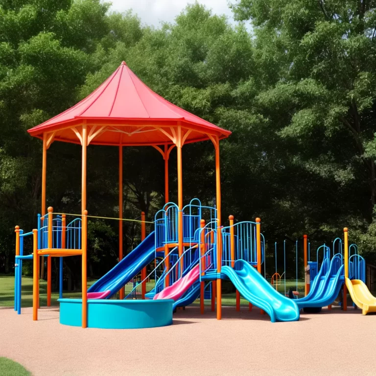 Gazebo com área de recreação para crianças, como brinquedos de escorregar e balançar