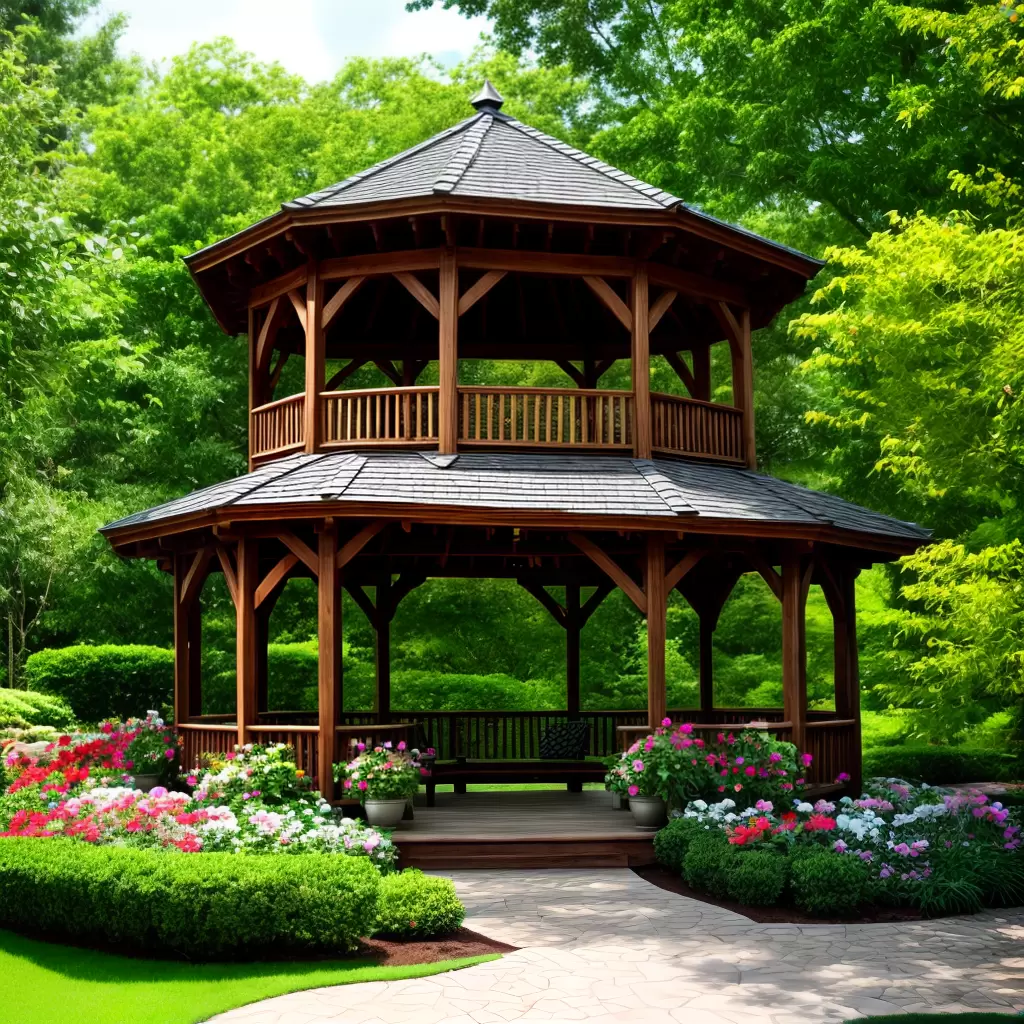 Fotos gazebo madeira jardim flores 2