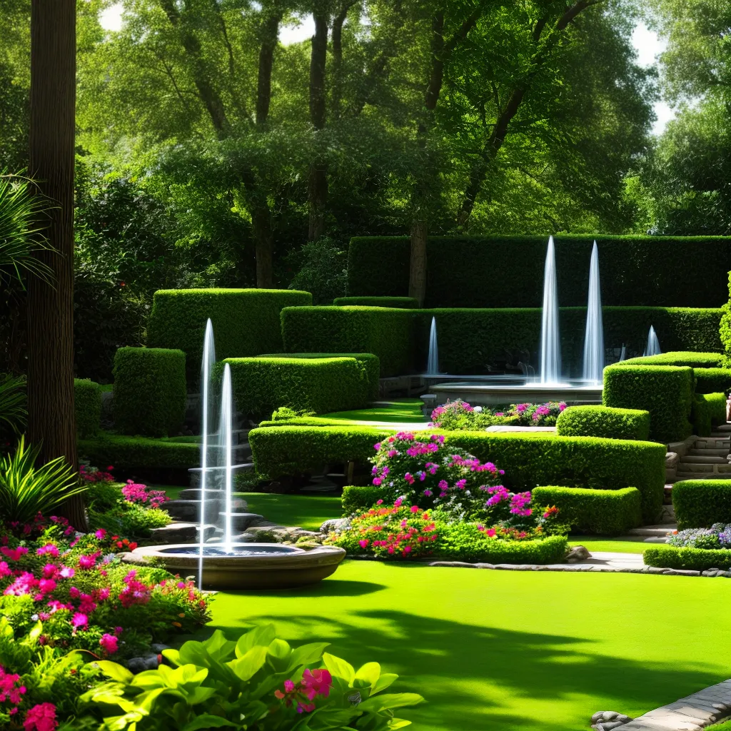 jardim colorido arbustos flores fountain