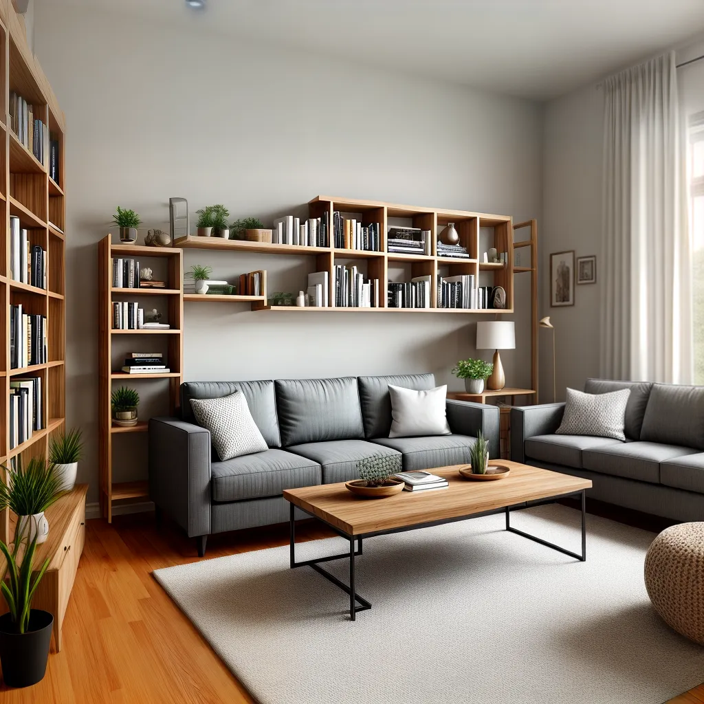 sala decorada neutra sofa livros