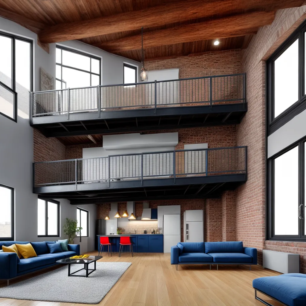 loft industrial teto alto tijolos coloridos