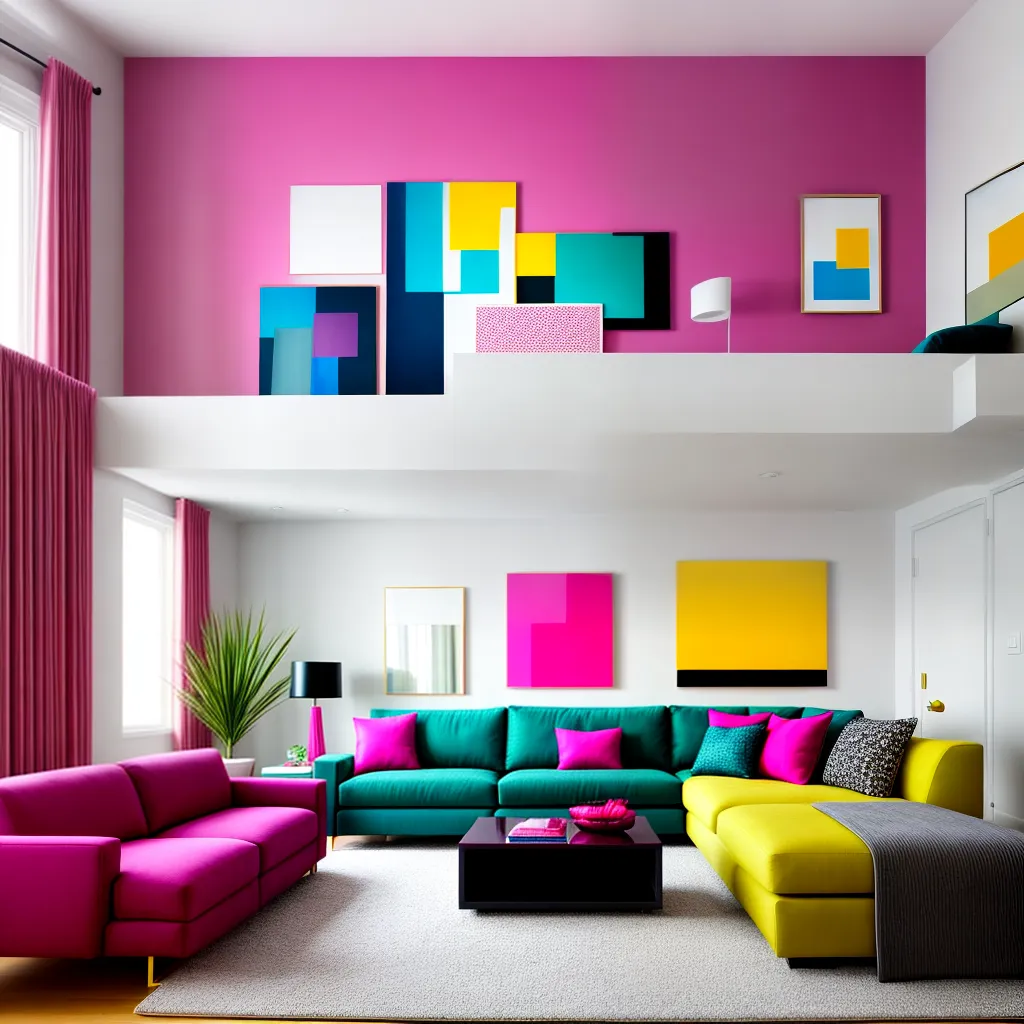 sala vibrante sofa teal arte abstrata