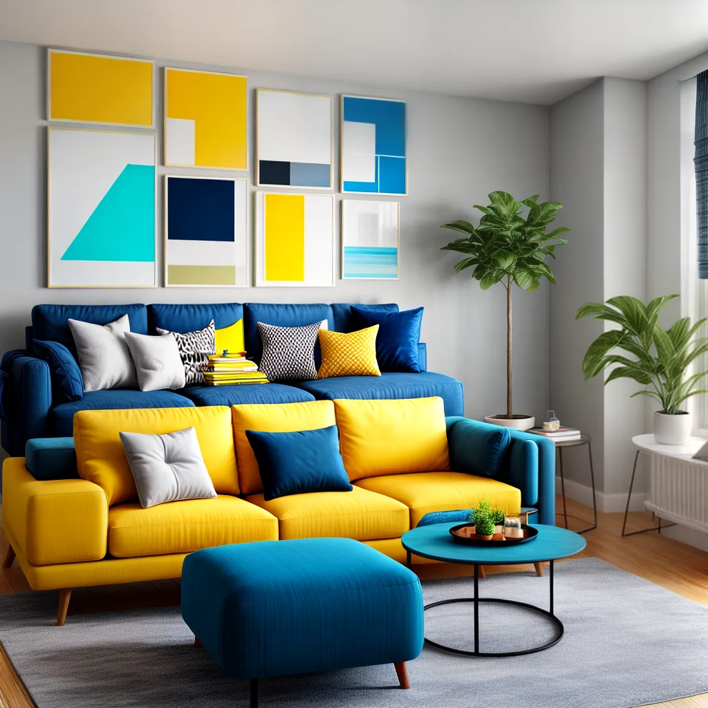 sala vibrante sofa azul amarelo