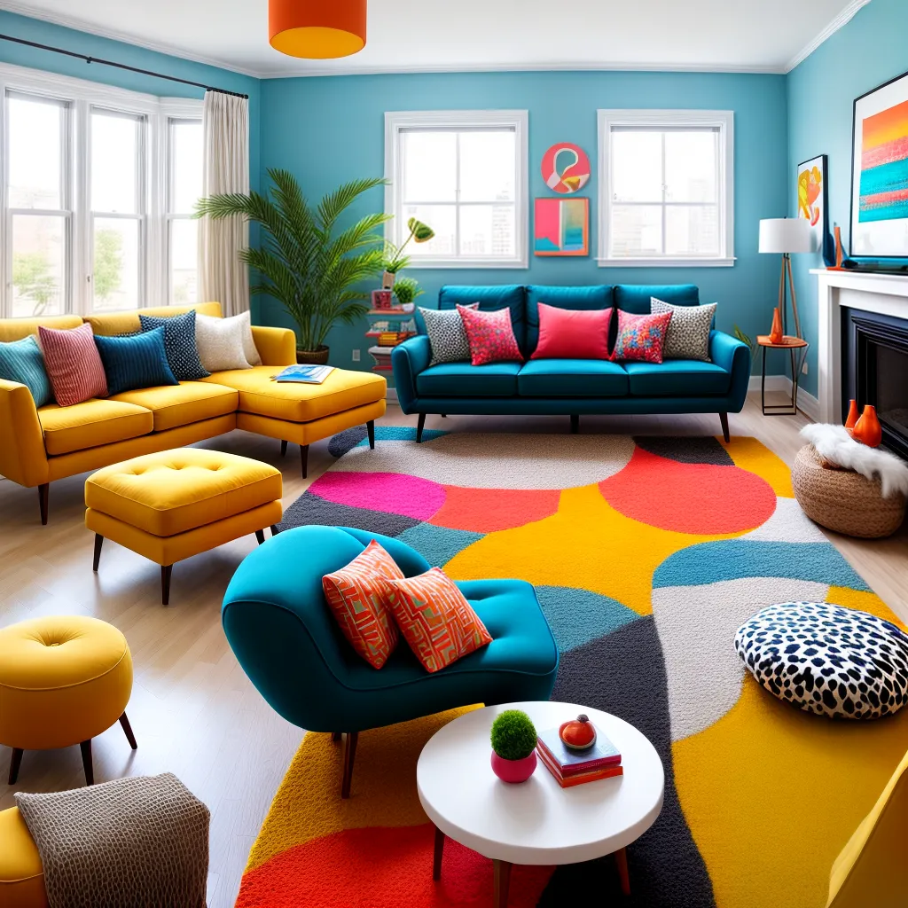 sala vibrante sofa azul amarelo rosa