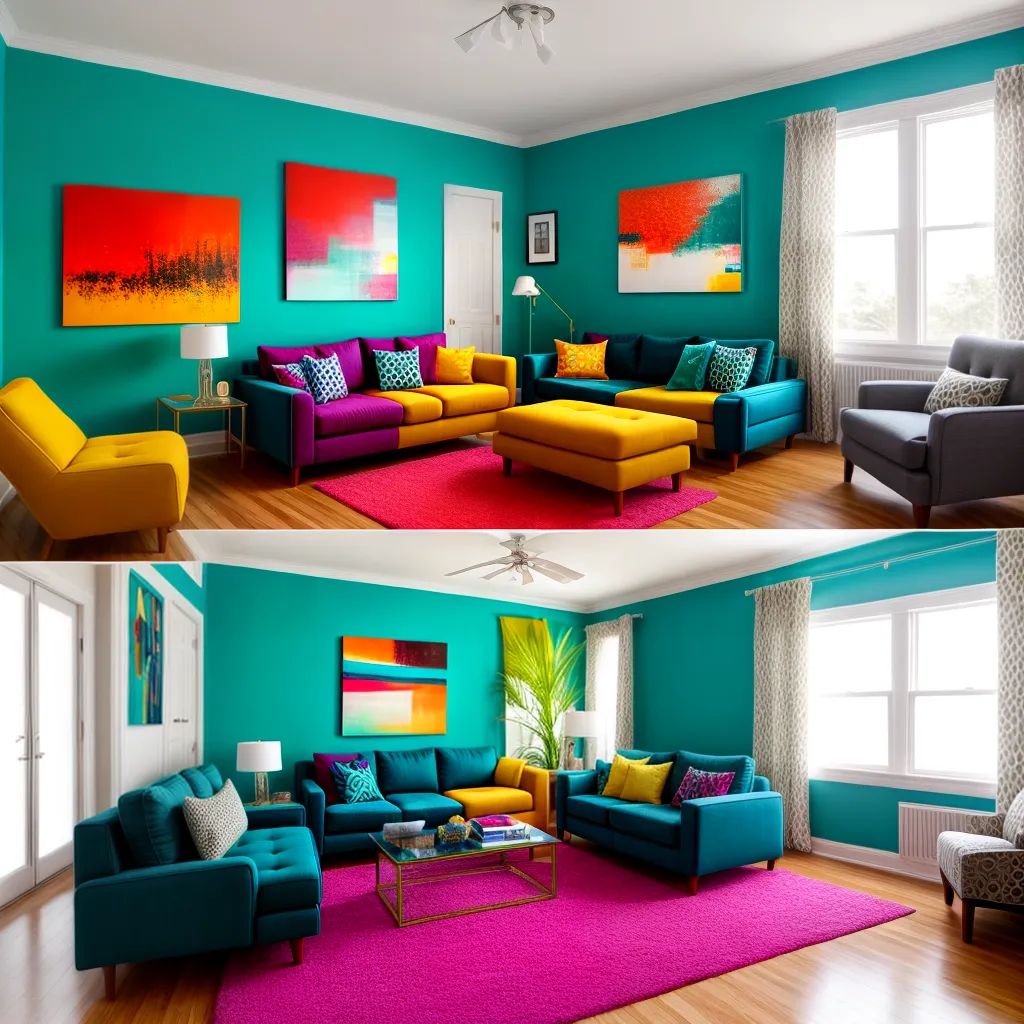 sala colorida teal amarelo arte