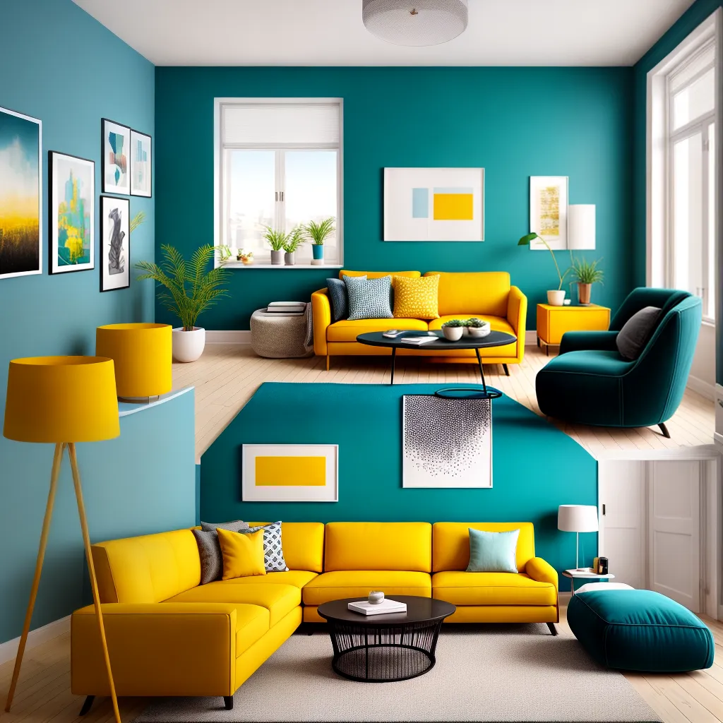 sala vibrante teal sofa amarelo arte