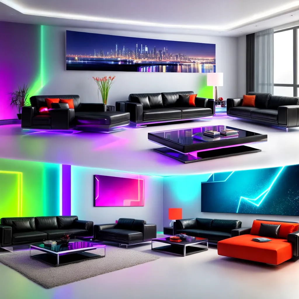 sala futurista metalico neon holografico
