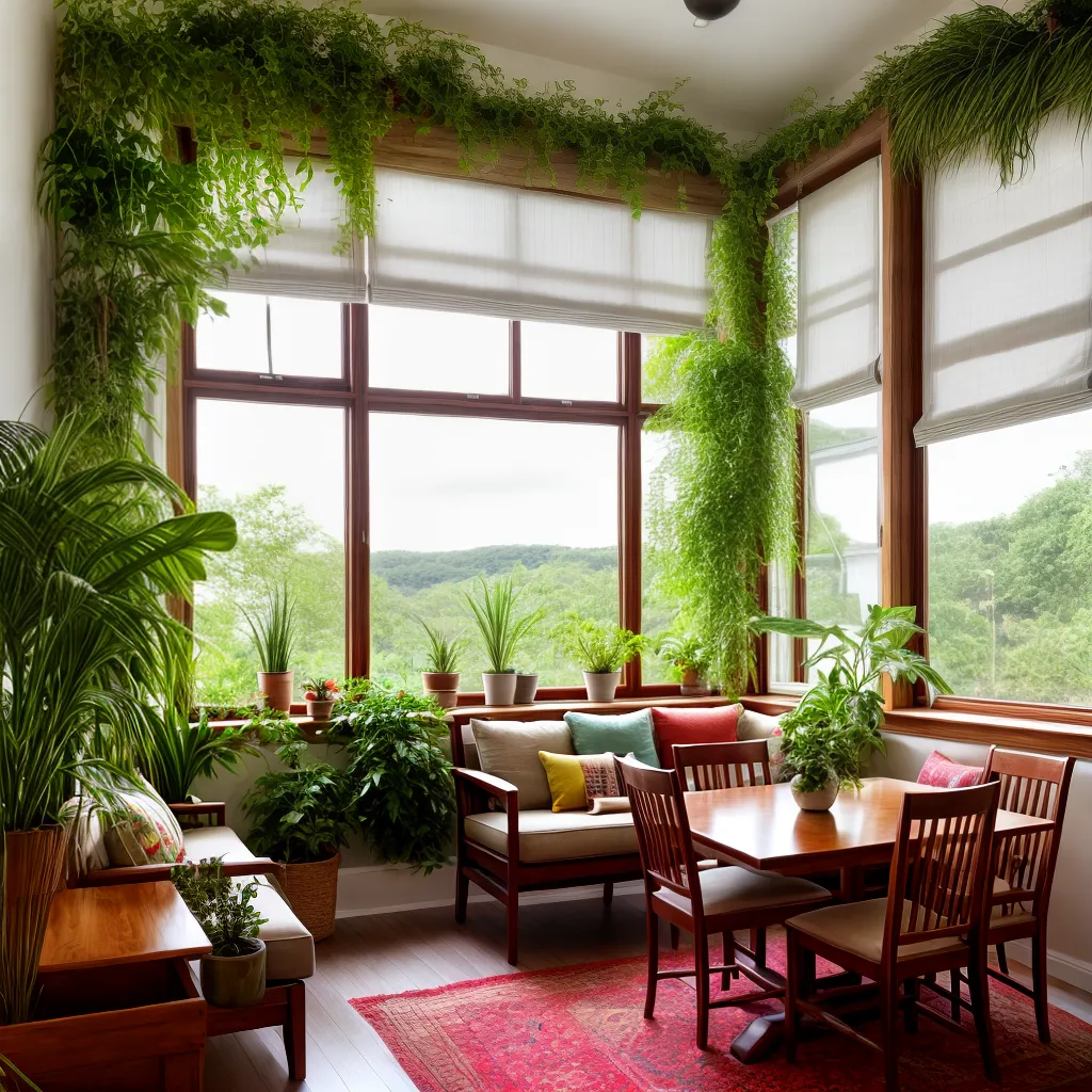 sala iluminada janela plantas mesa jantar