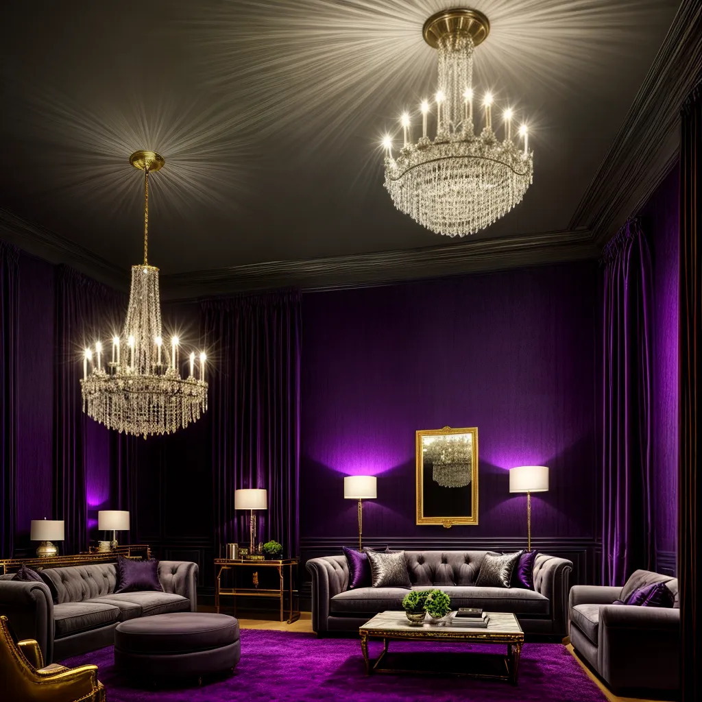sala moody veludo roxo chandelier