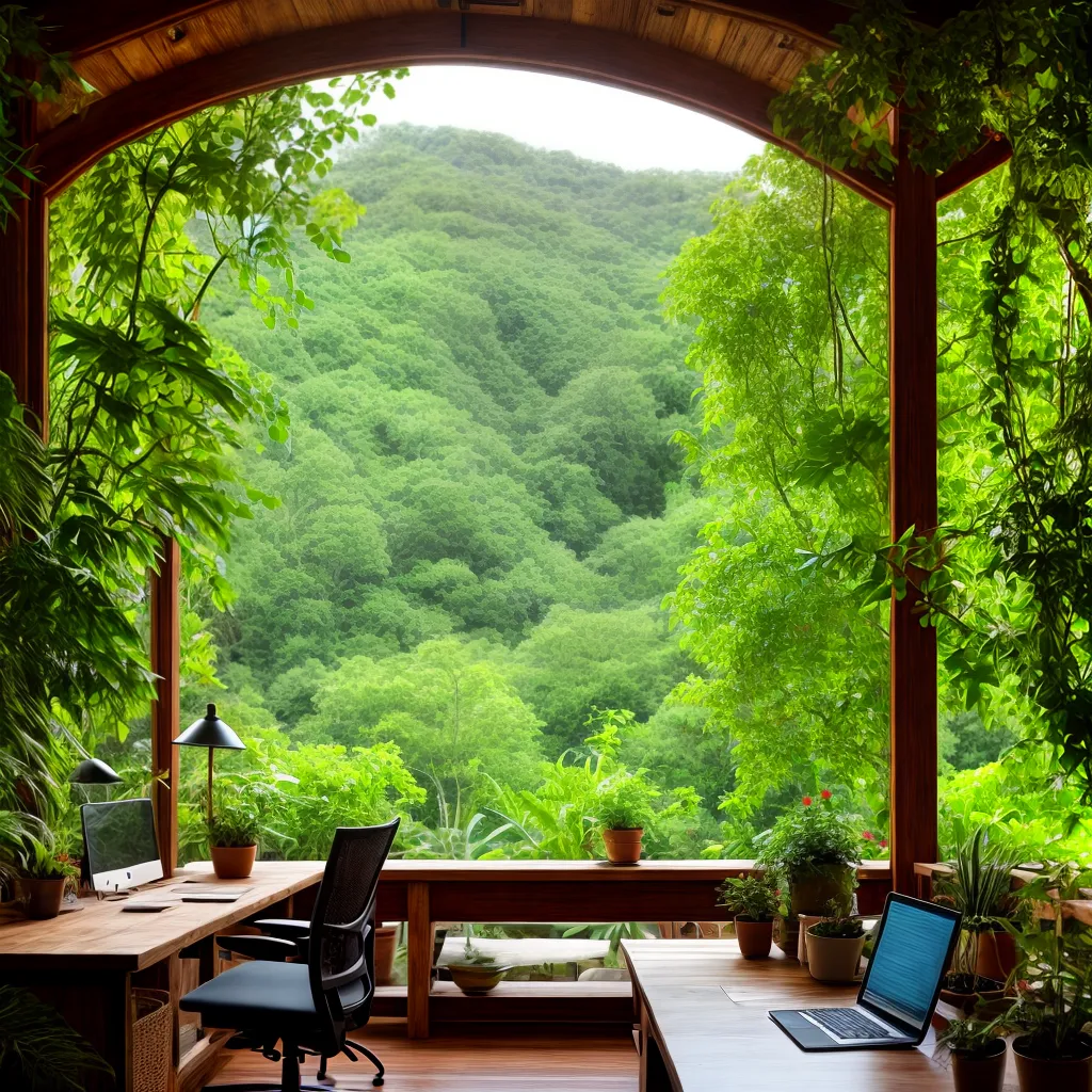 escritorio madeira verde janela natureza