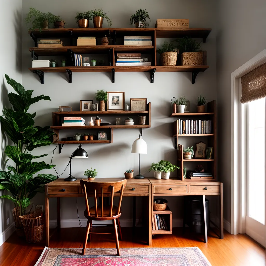 escritorio rustico madeira livros plantas
