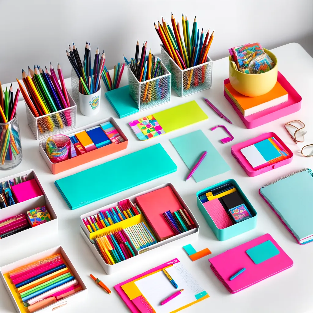 escritorio colorido organizado acessorios